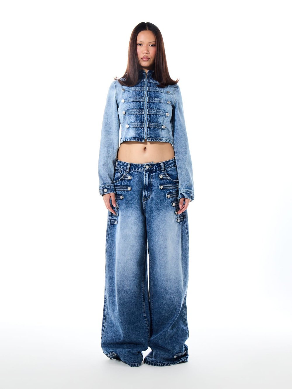 Jean cargo taille basse à boutons bleu moyen