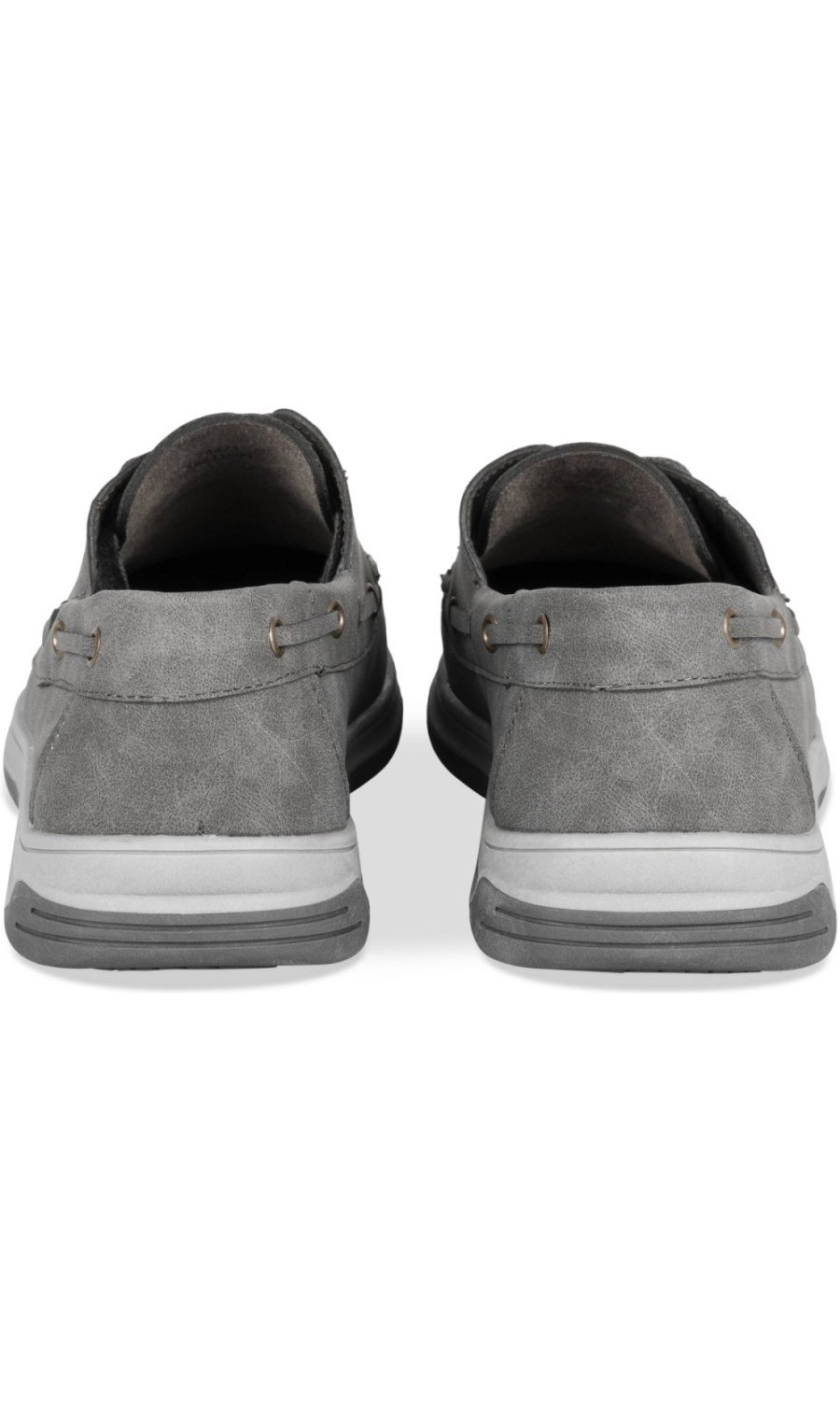Grey boat shoes with white sole