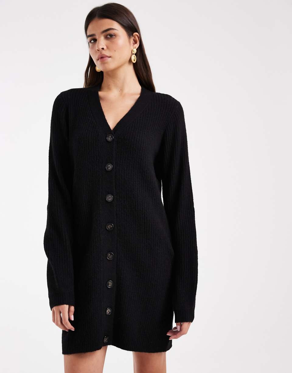 Robe courte en maille à boutons sur le devant et manches ballon noire chinée