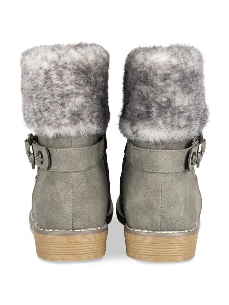Grey faux fur cuff boots with buckle