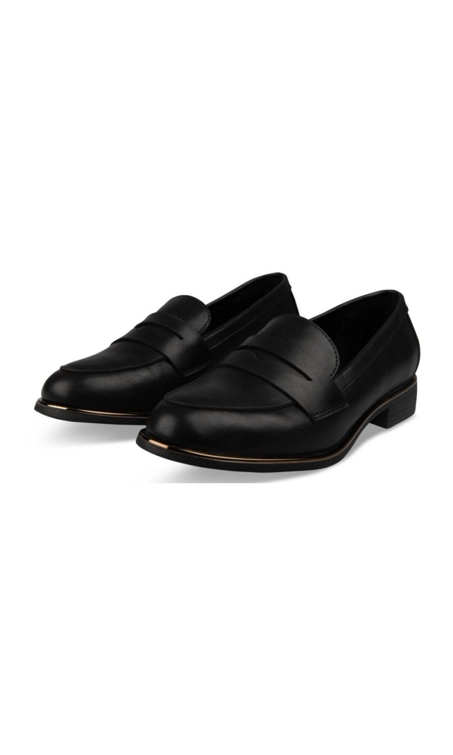 Black penny loafers with gold trim