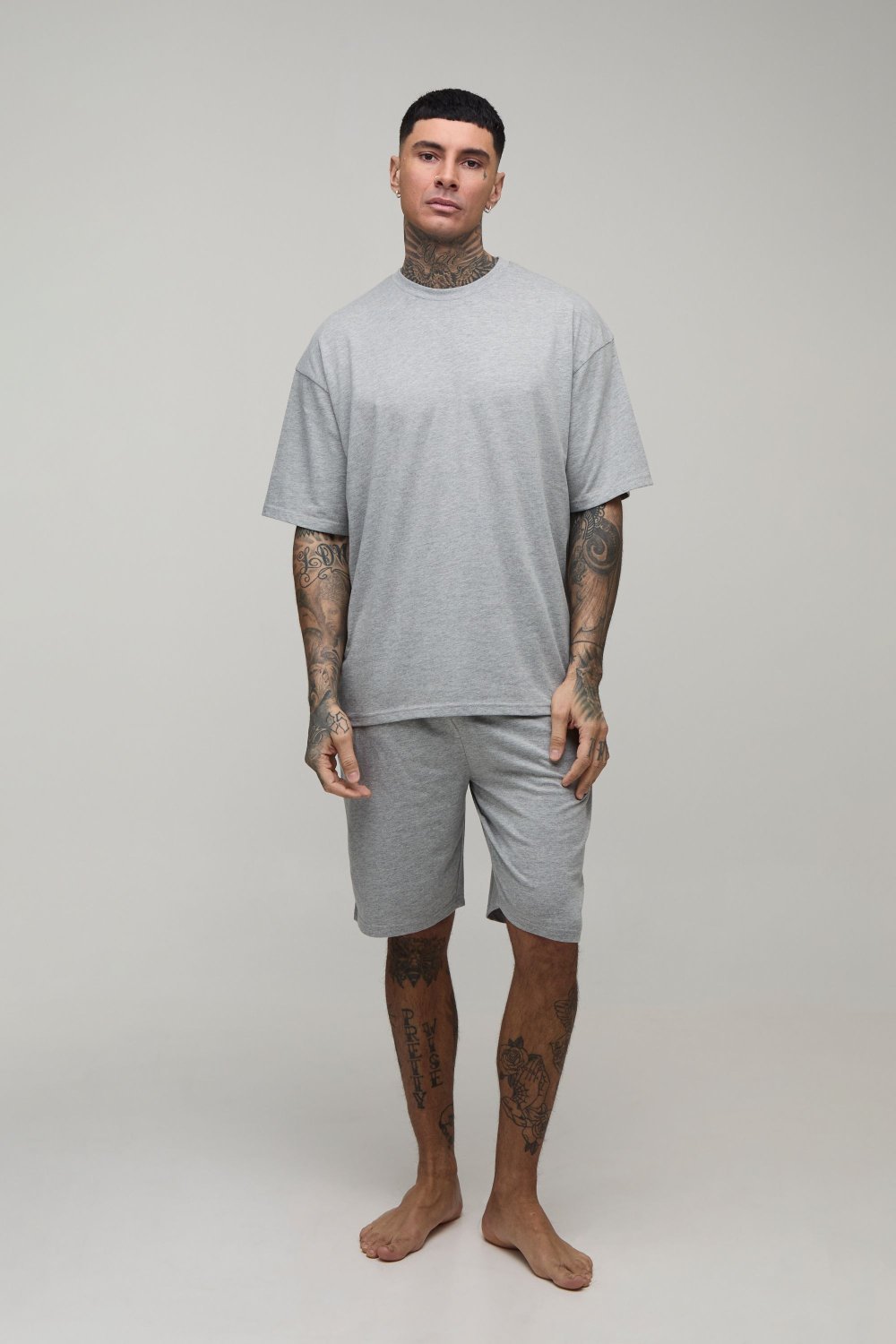 Grey marl T-shirt and shorts lounge set - Tall
