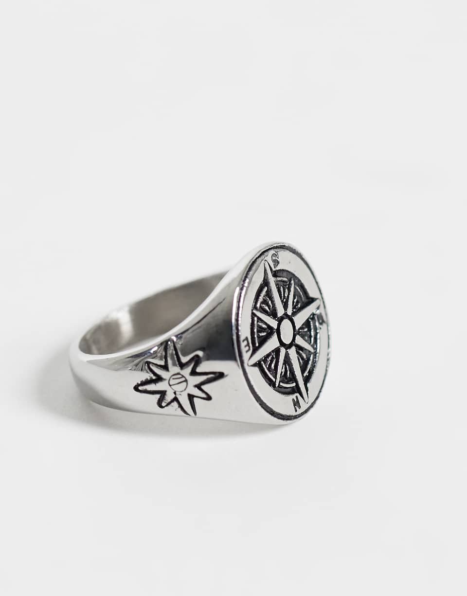 Bague chevalière boussole en acier inoxydable argenté