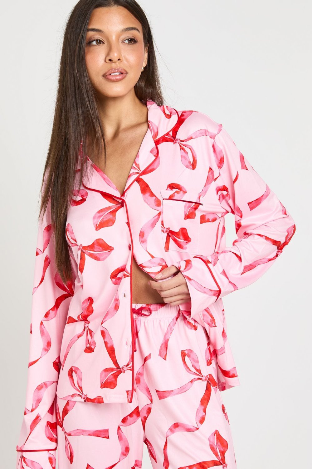 Pink bow print shirt and trouser pyjama set