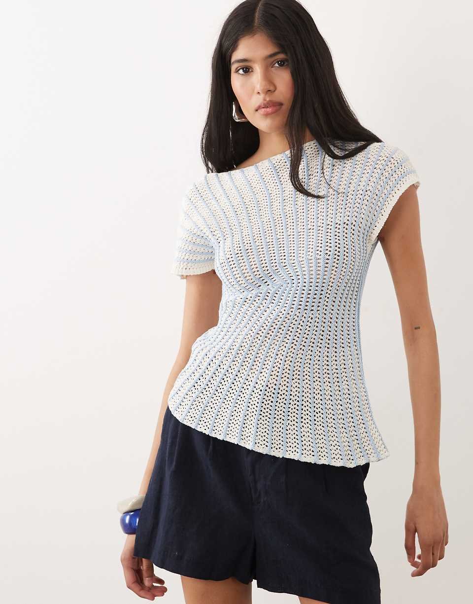 Pleated striped crochet knit top - Blue