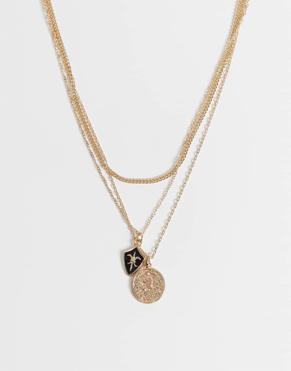 Lot de 3 colliers avec pièce gravée et pendentif fleur de lys dorés