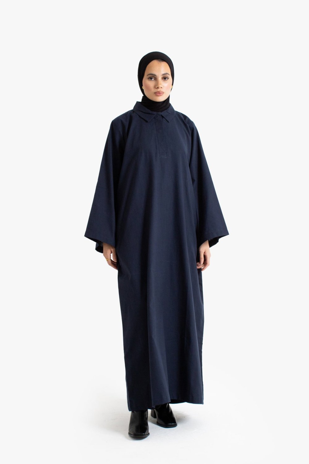 Textured cotton collared abaya - Navy