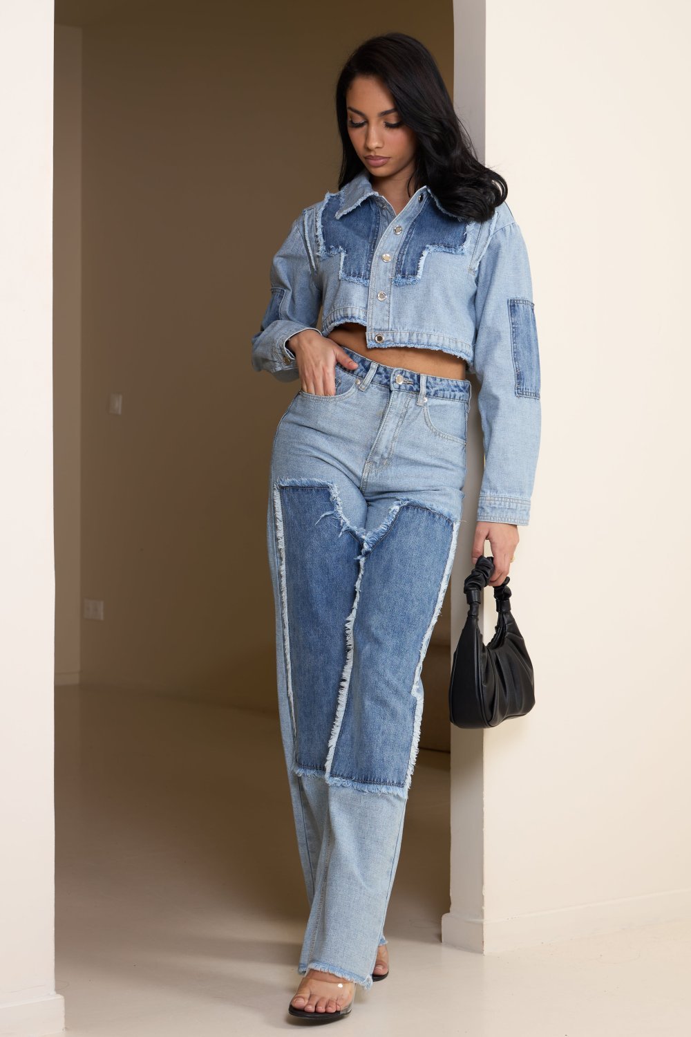 Short blue frayed denim jacket