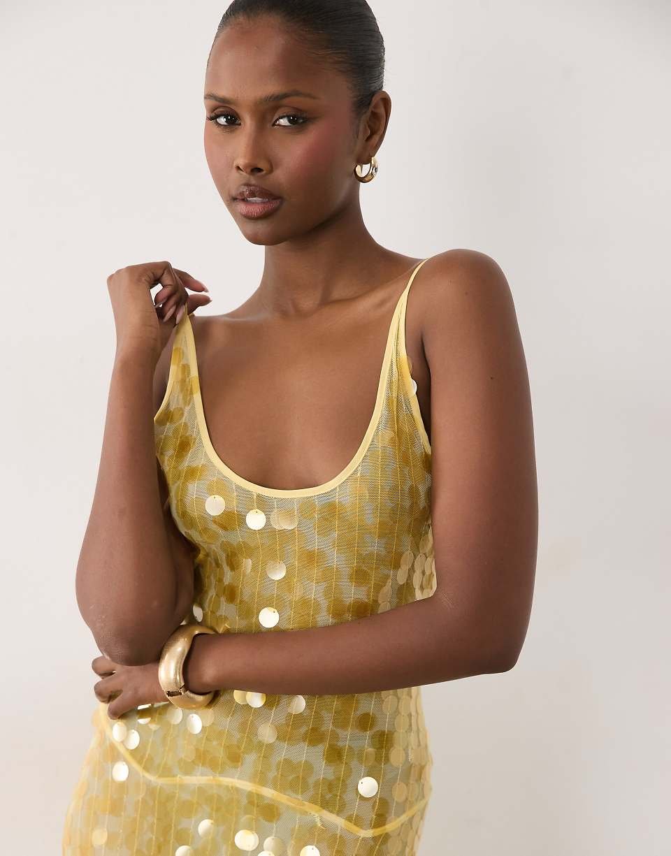 Yellow Sequinned Maxi Dress With Off Shoulder Neckline