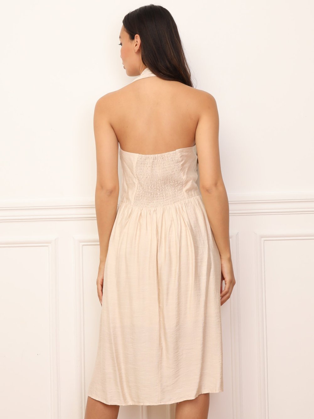 Robe dos nu à col chemise effet lin beige