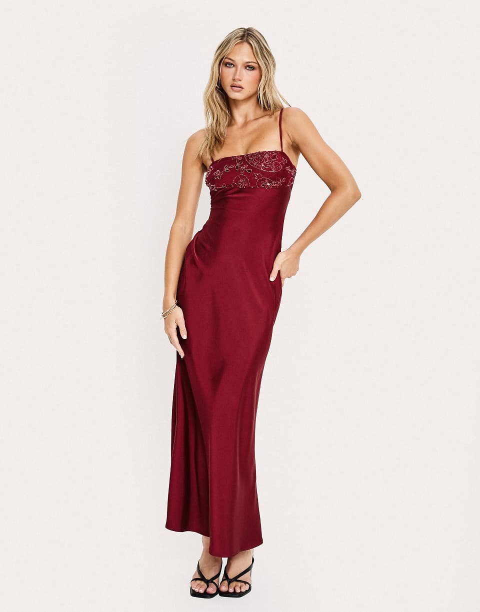 Burgundy Satin Maxi Dress With Square Neck And Sequin And Pearl Details