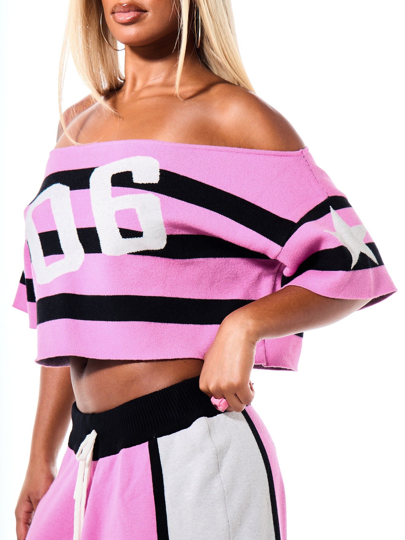 Striped off-the-shoulder knit crop top with number