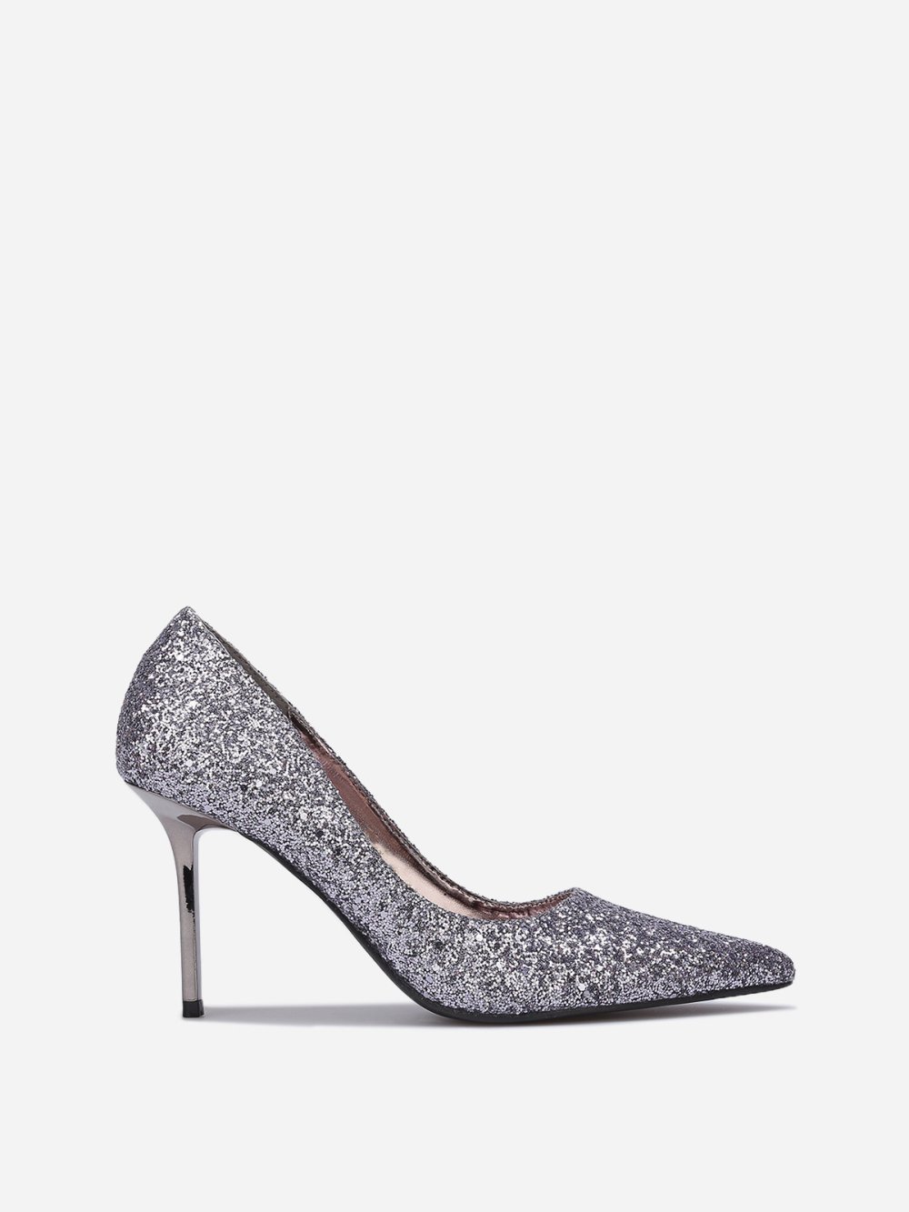 Grey sequin heels with metallic heel
