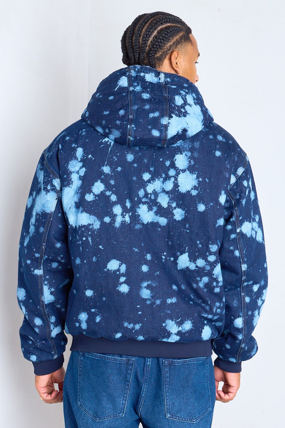 Dark blue splash-effect hooded denim jacket