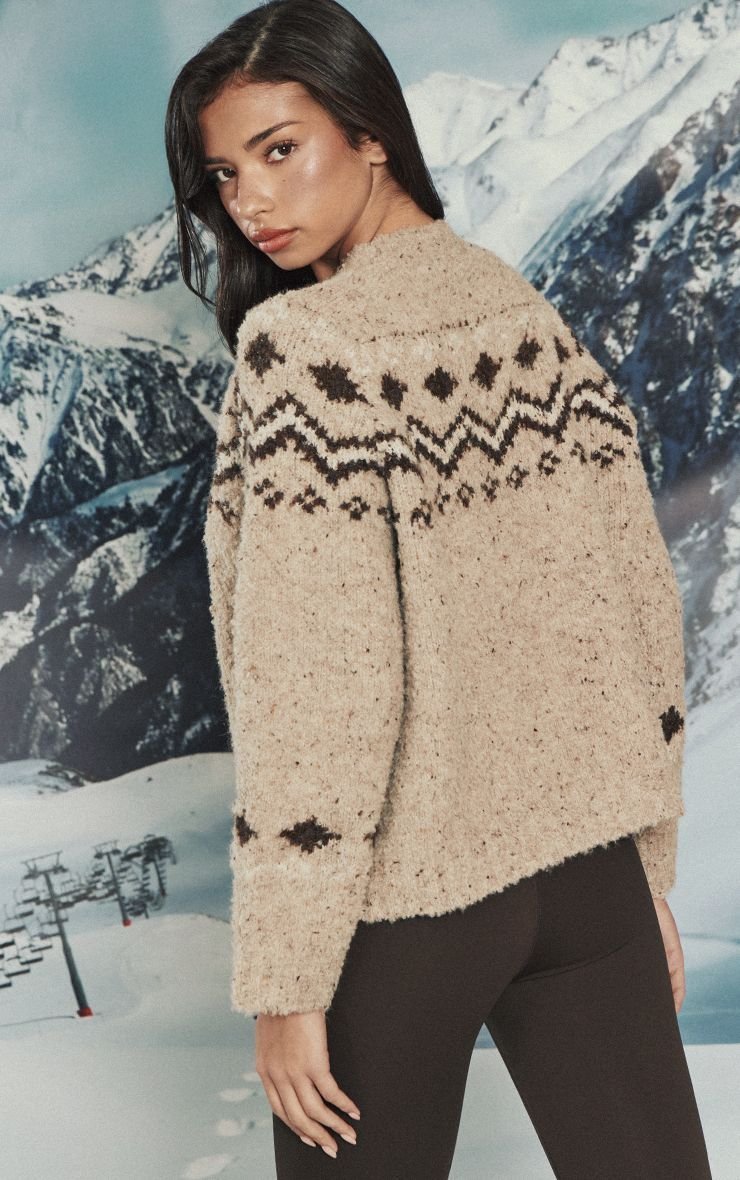 Pull jacquard col montant beige