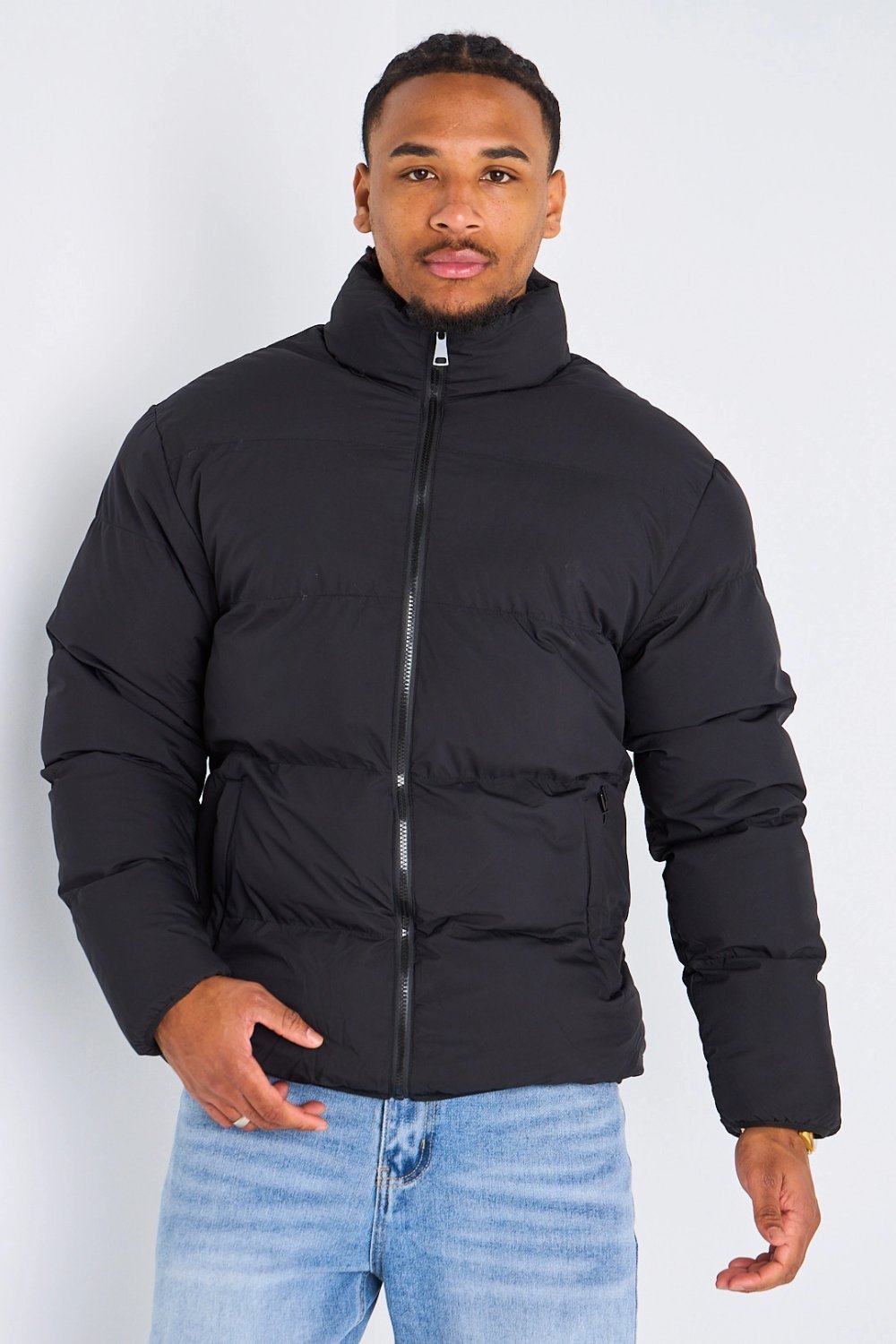 Black reversible puffer with faux shearling side