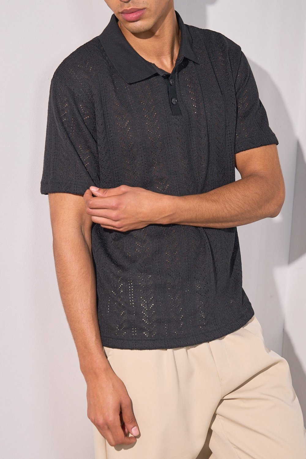 Black lightweight knit polo shirt