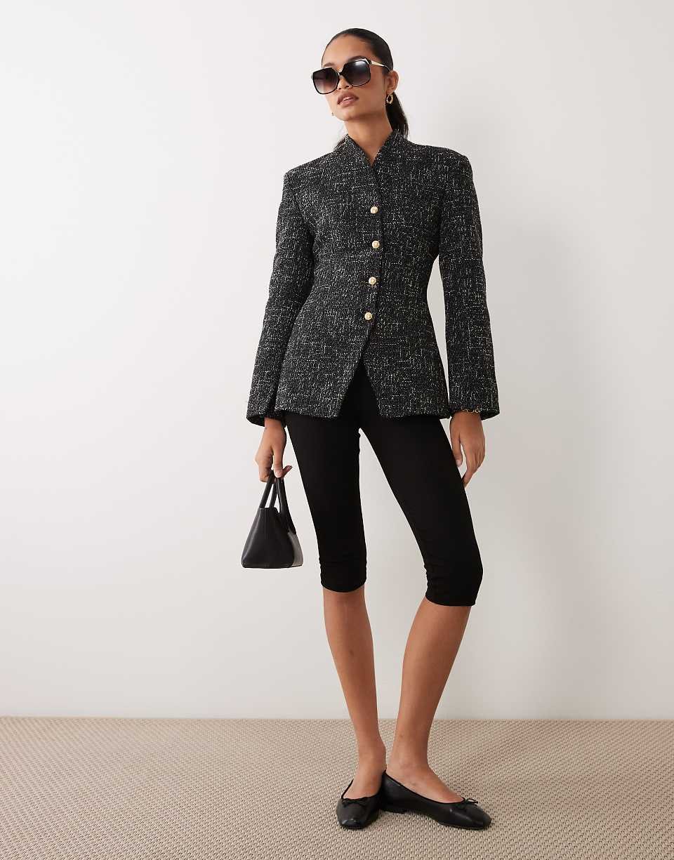 Blazer sans col en bouclé noir