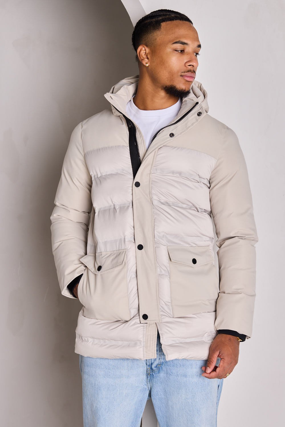 Doudoune bi-matière à capuche amovible beige