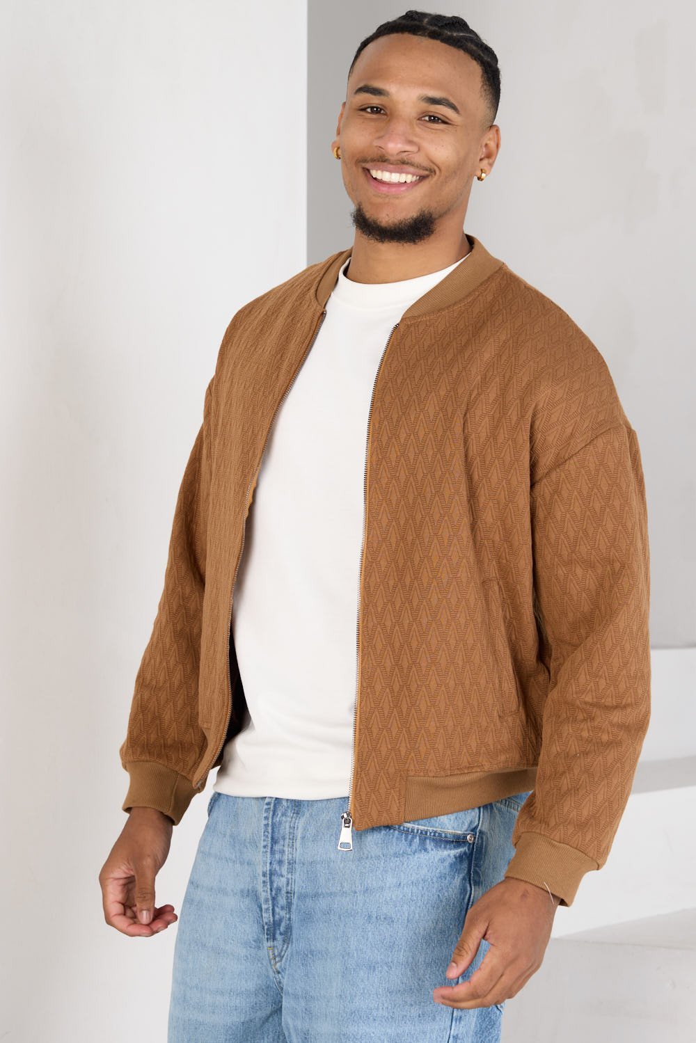 Brown loose herringbone zip cardigan
