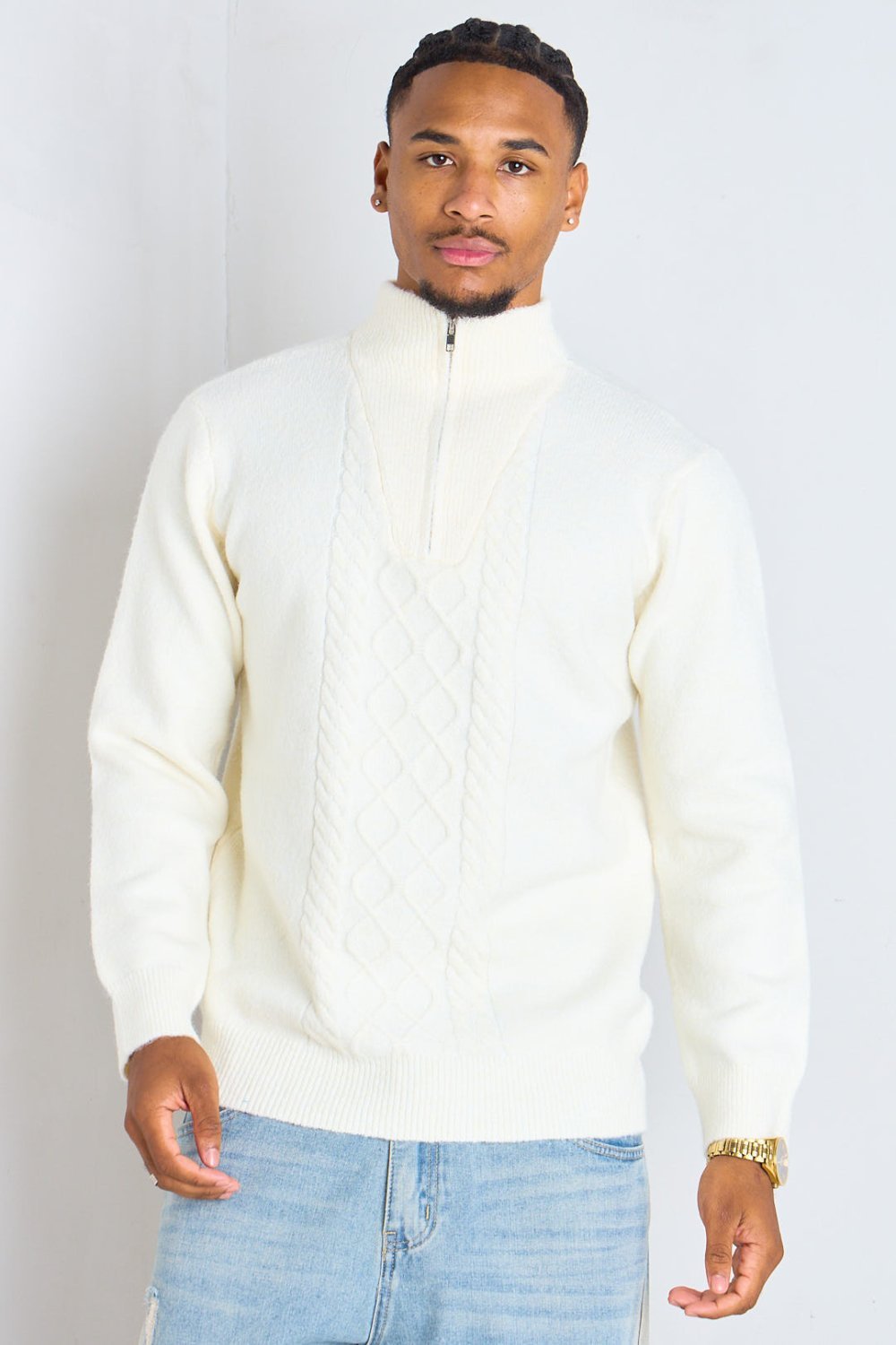 Ecru zip-neck jumper with raised knit pattern