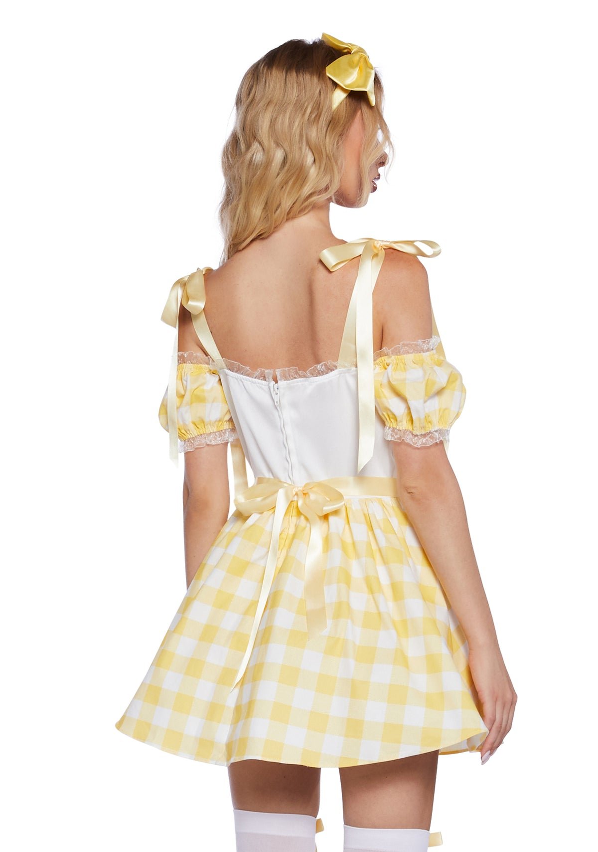 Gingham costume with three plush bears