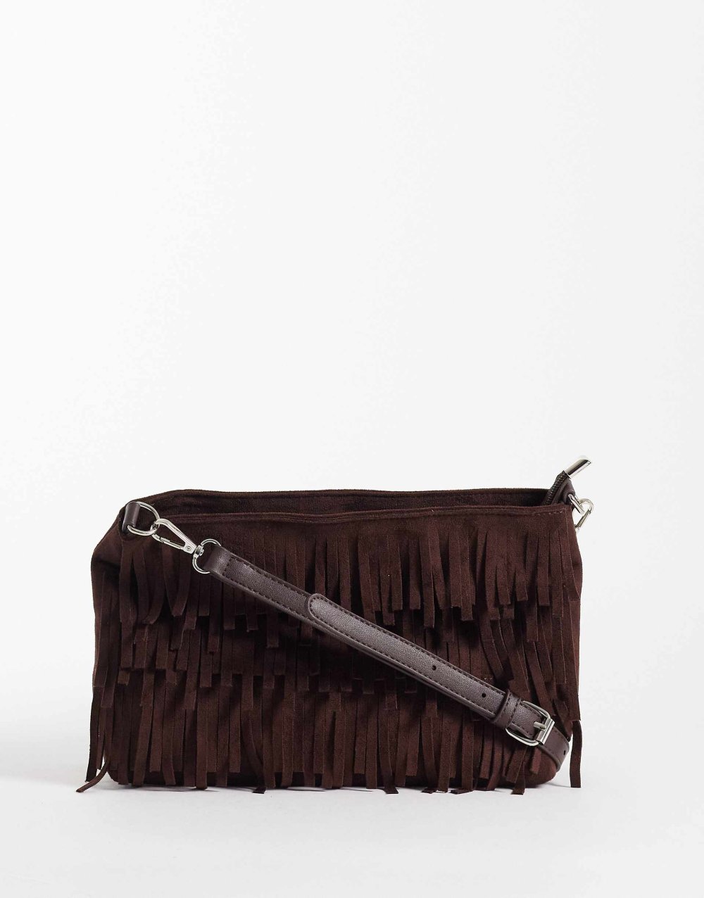 Fringed faux suede shoulder bag in dark brown
