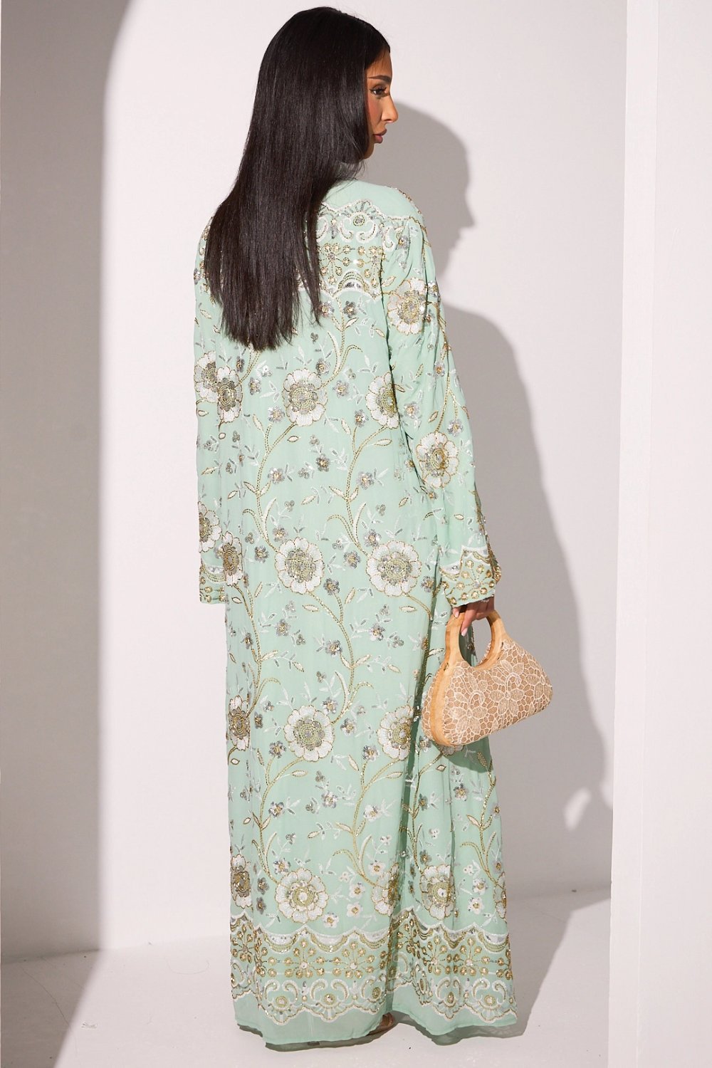 Abaya à fleurs perlées et sequins vert clair