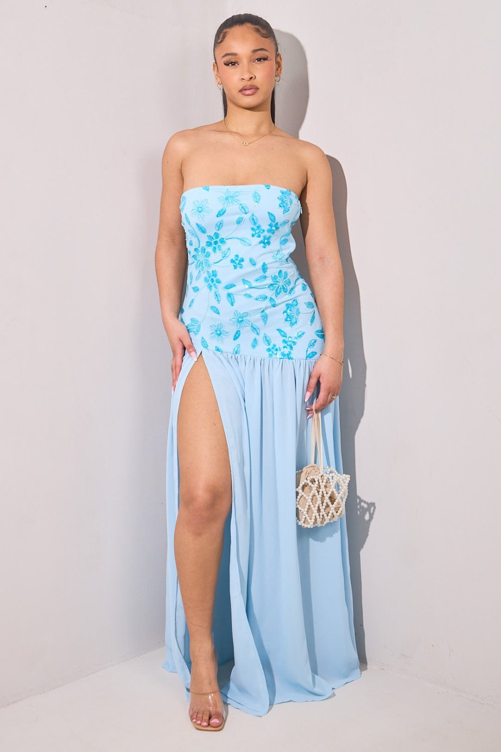 Sky blue flared beaded strapless dress with split