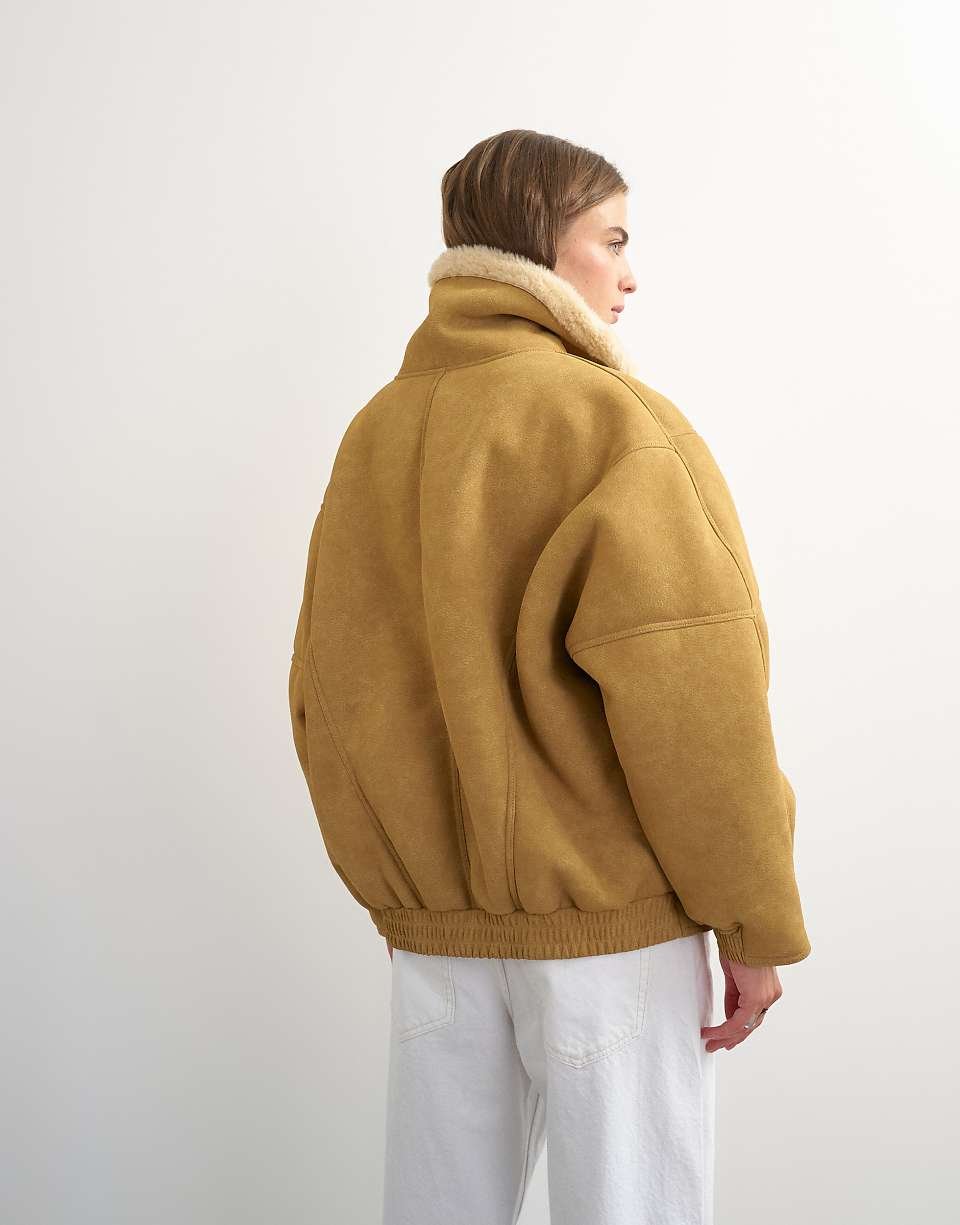 Veste b peau retournée, forme ovale, lon camel