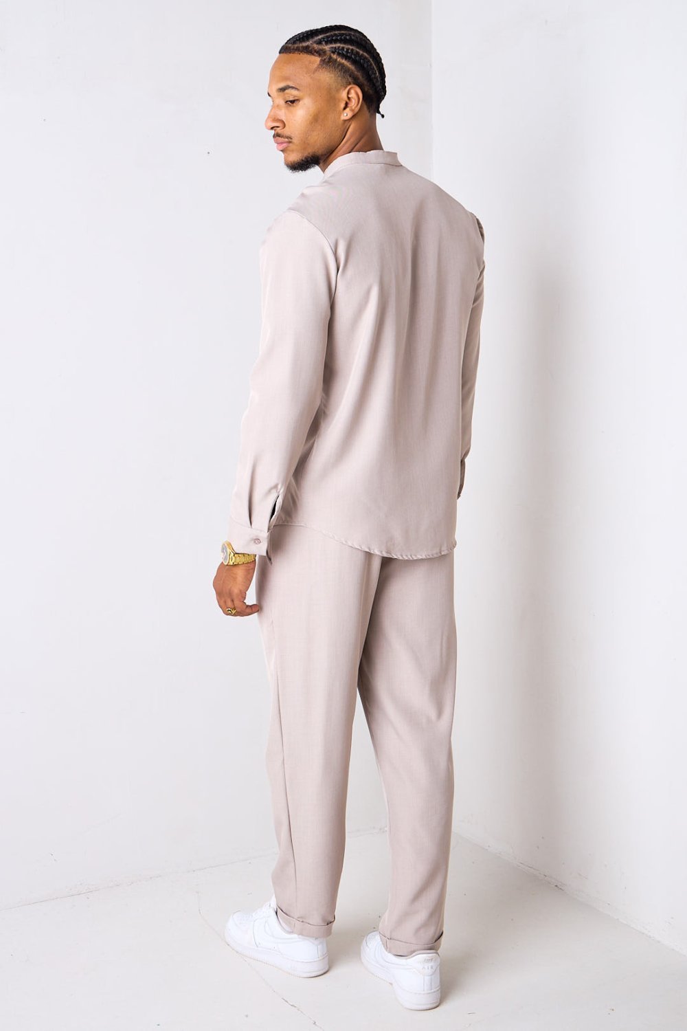 Taupe collarless shirt and trousers set
