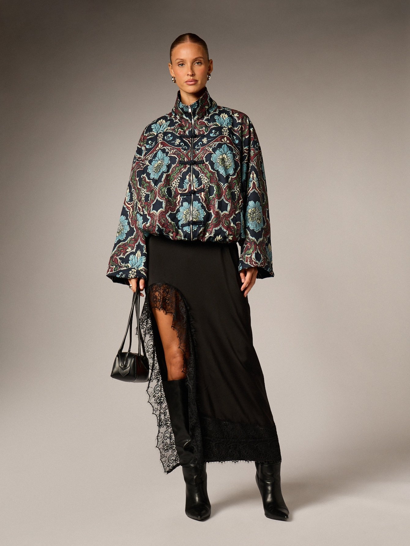 Oversized satin bomber jacket with floral print