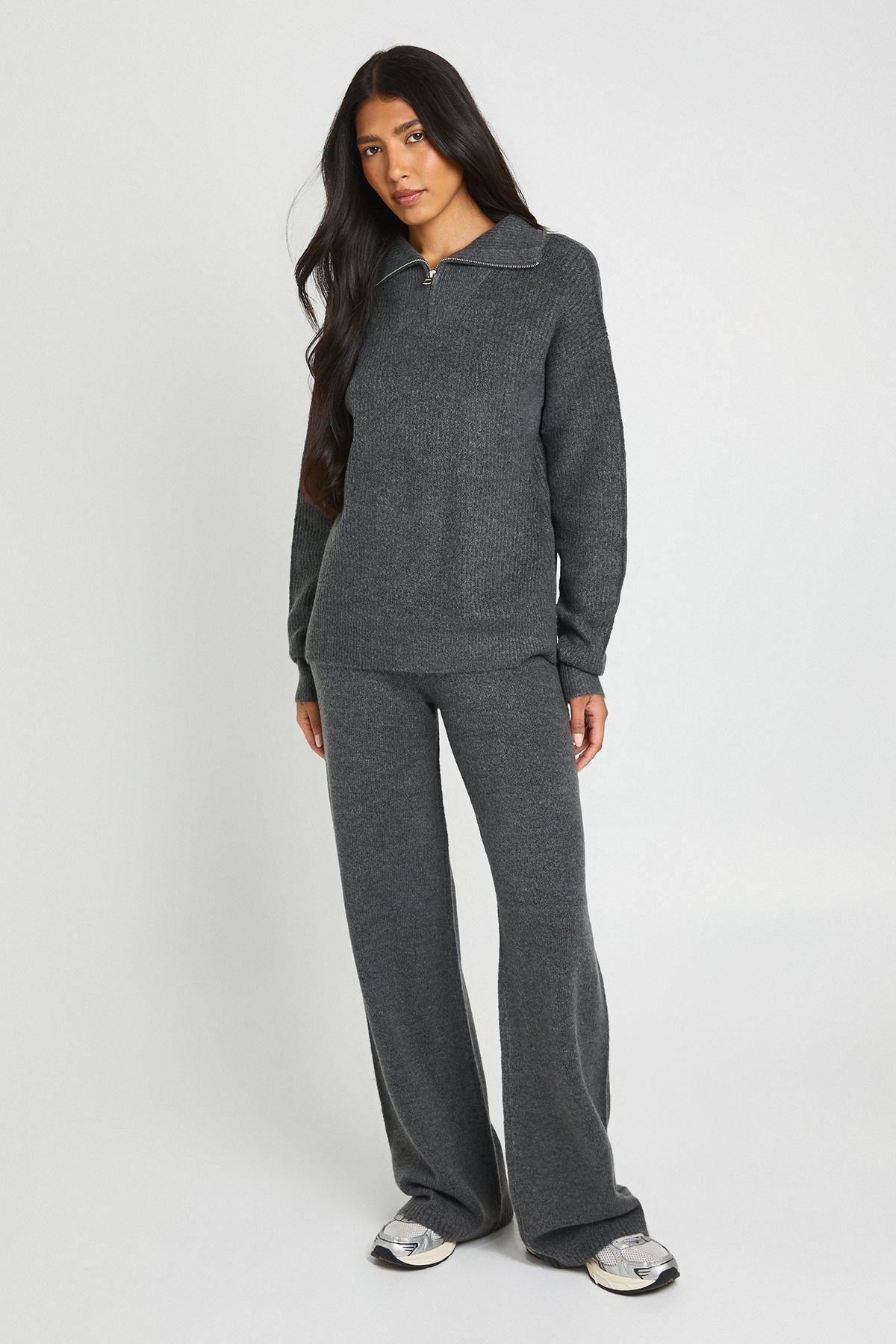 Ensemble Coordonné Grande Taille Synthétiquell Surdimensionné Col Zippé Et Pantalon En Maille Épaisse