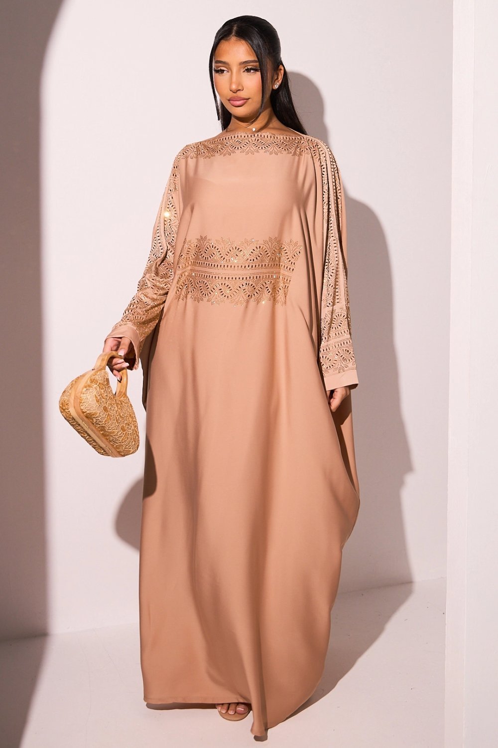 Abaya satinée à empiècement doré beige orangé