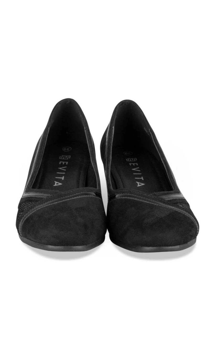 Black faux suede pumps with patent trims