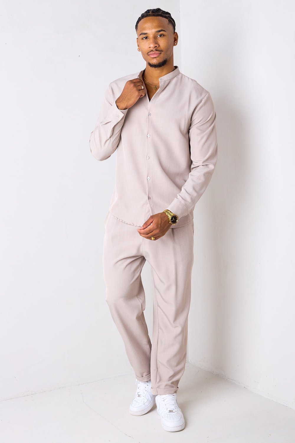 Taupe collarless shirt and trousers set