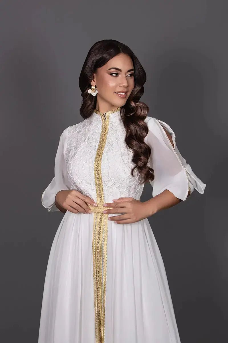 White lace caftan with high collar and gold sfifa