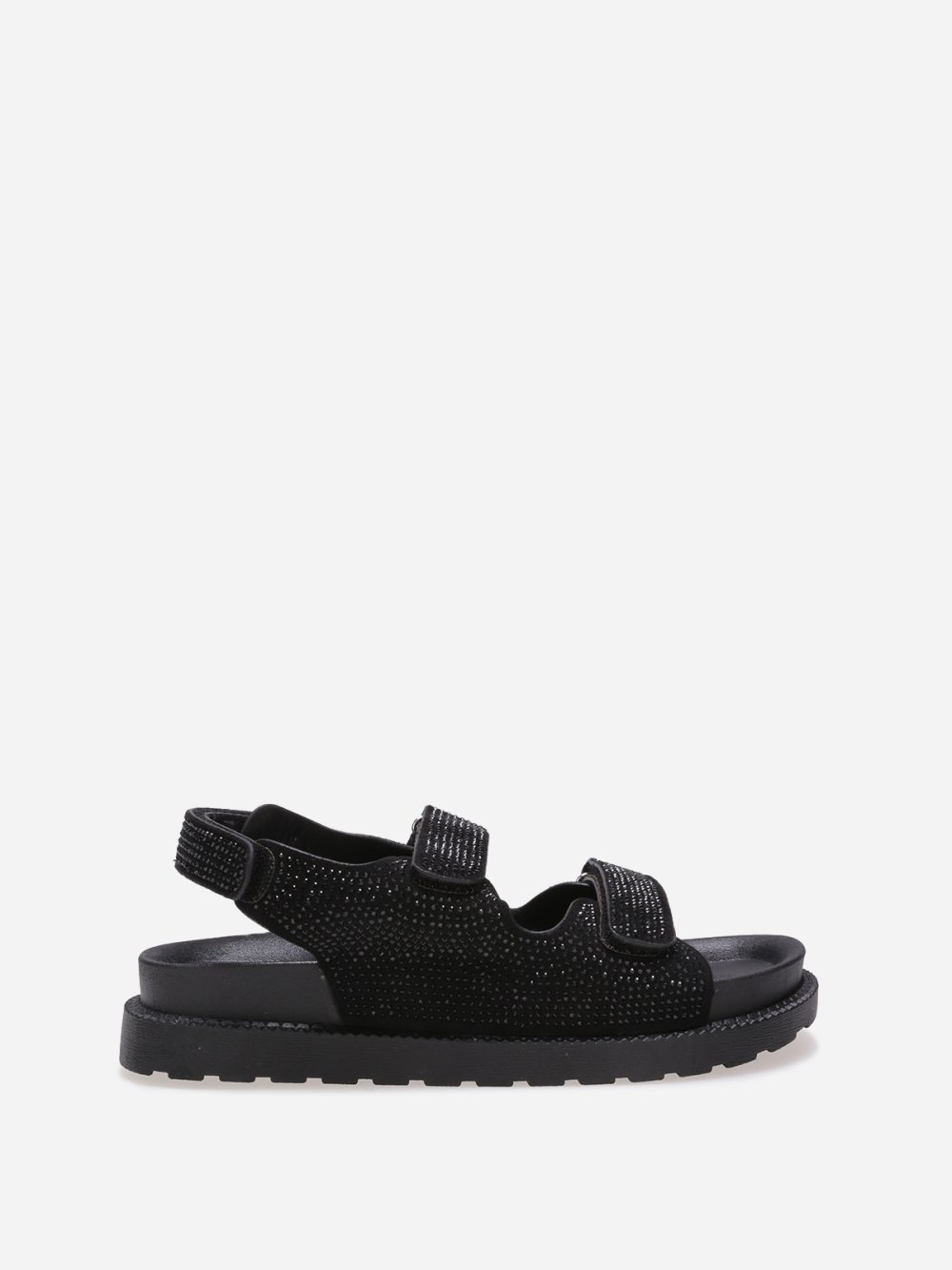 Black rhinestone strap sandals with lug sole
