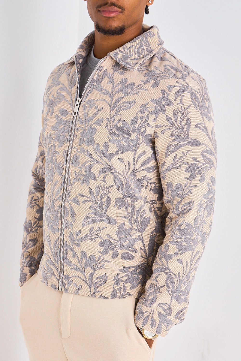 Grey washed-effect jacket with floral pattern