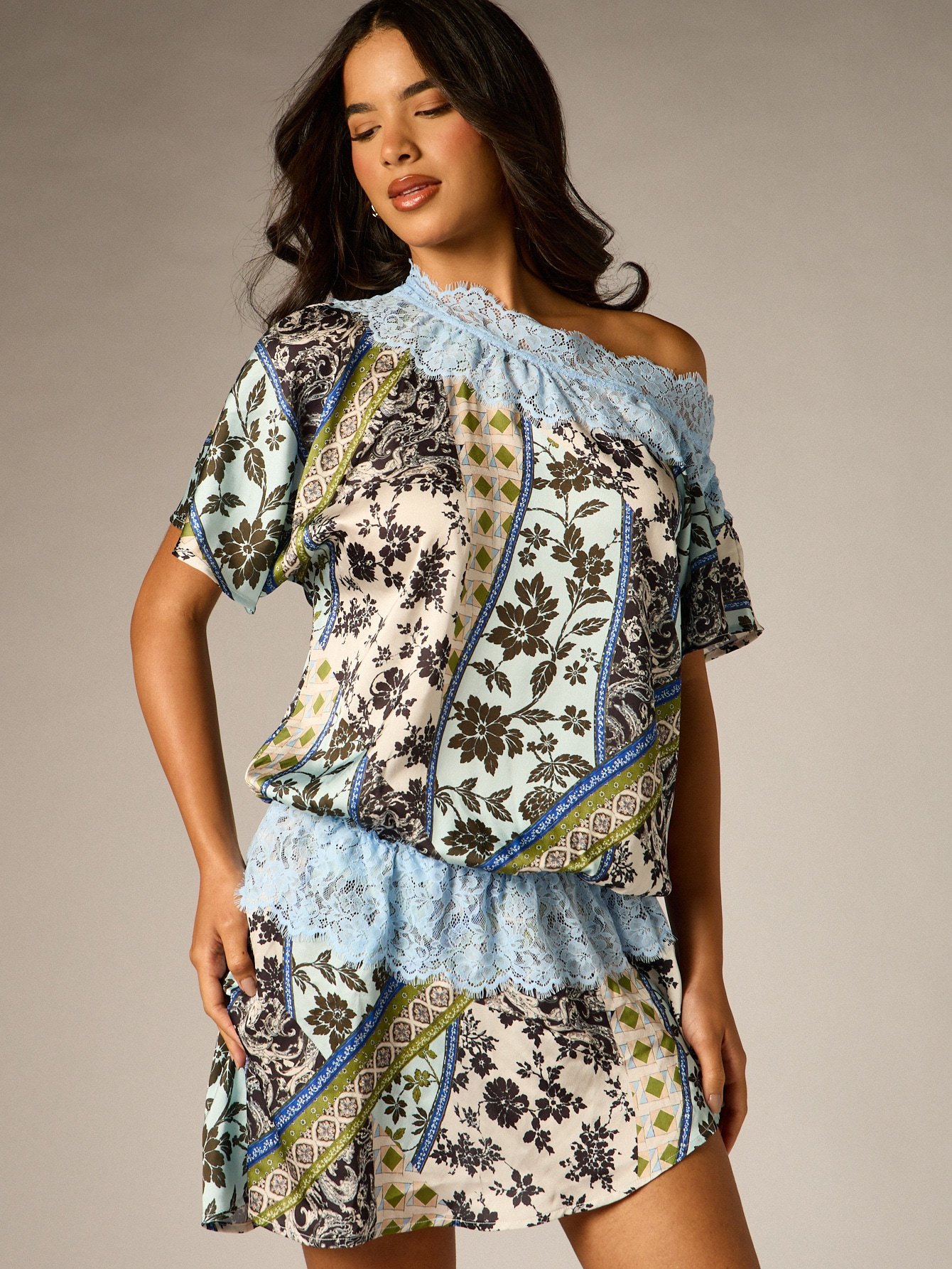 Off The Shoulder Mini Dress With Paisley Floral Print