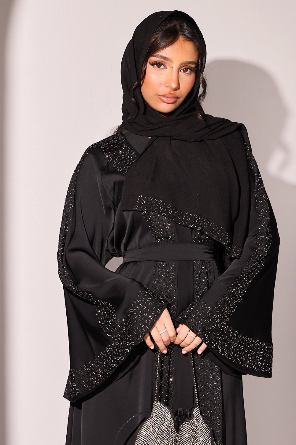 Abaya style kimono à strass feuilles noire