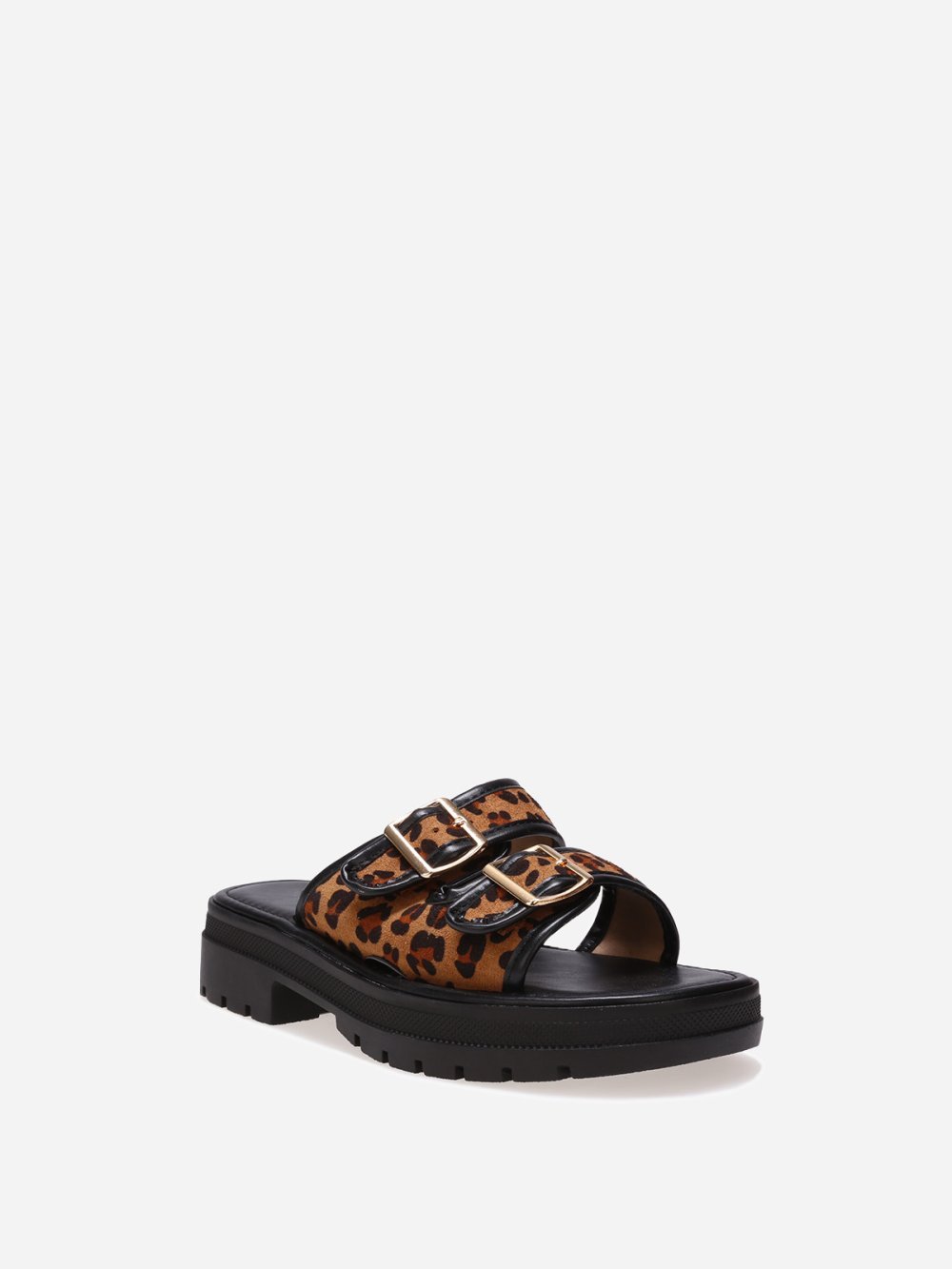 Leopard-strap mules with cleated platform