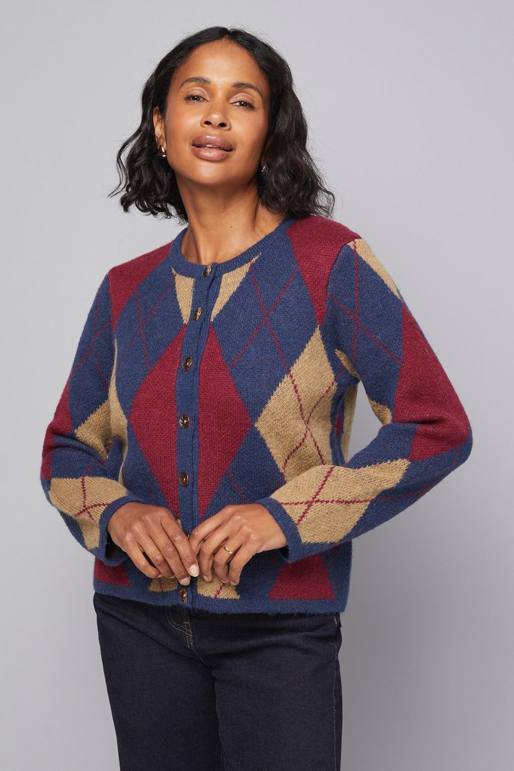 Argyle cardigan with gold buttons