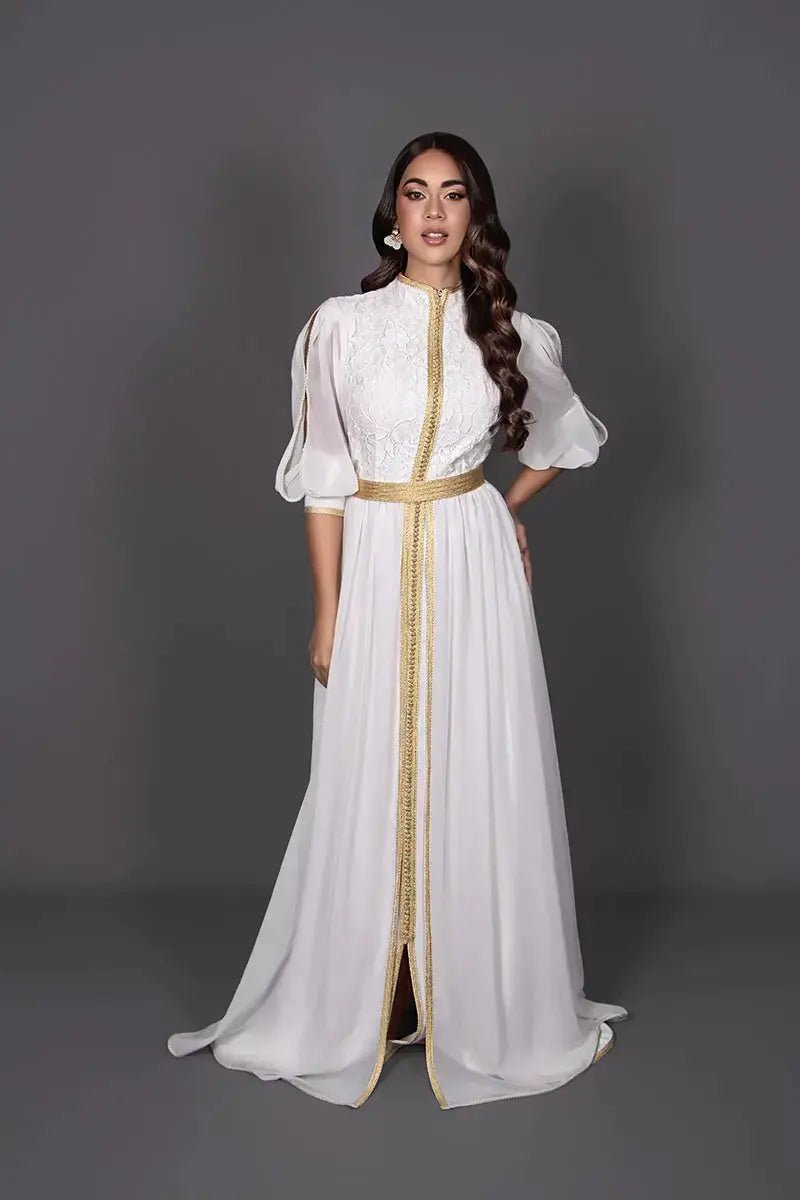 White lace caftan with high collar and gold sfifa