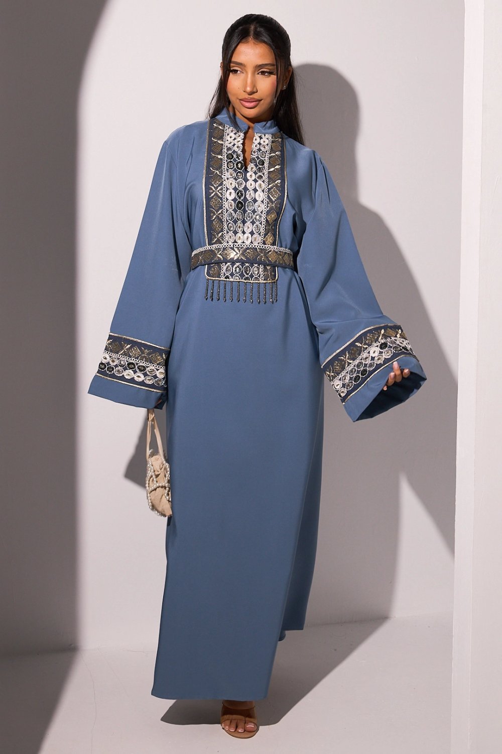 Blue two-tone denim-look abaya with rhinestones