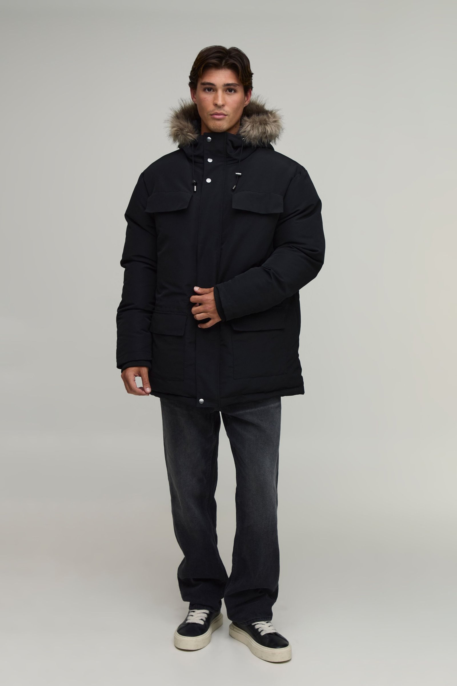 Faux leather hooded arctic parka