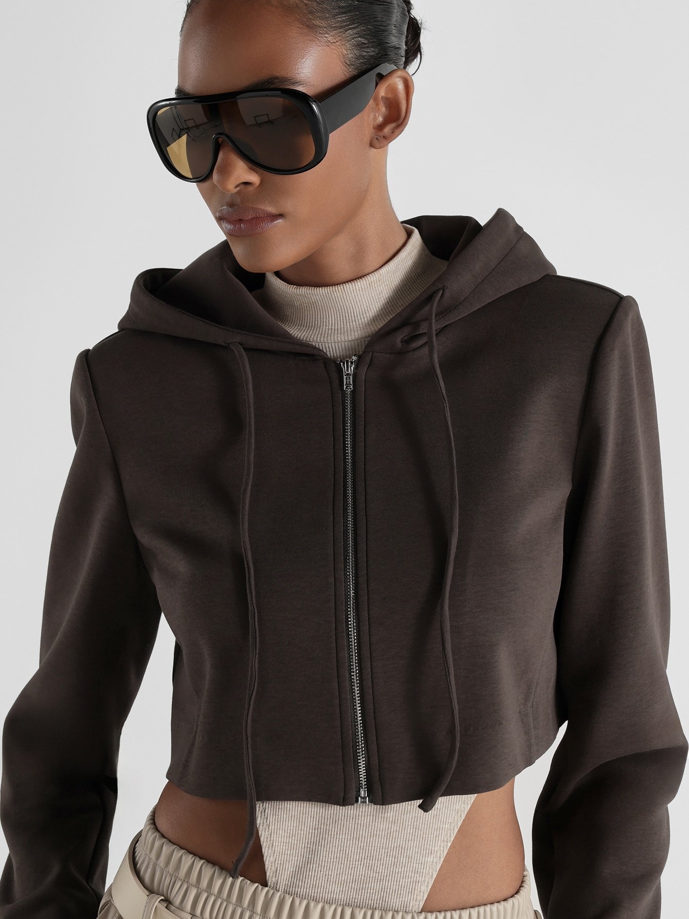 Sweat-Shirt À Capuche Court Zippé Avec Cordon De Serrage Et Poignets Fendus