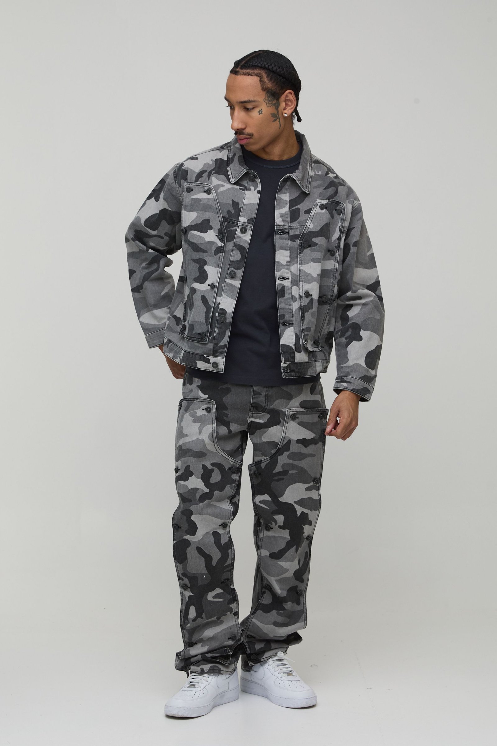 Jean camouflage à panneau de charpentier amovible, coupe droite empilée extrême