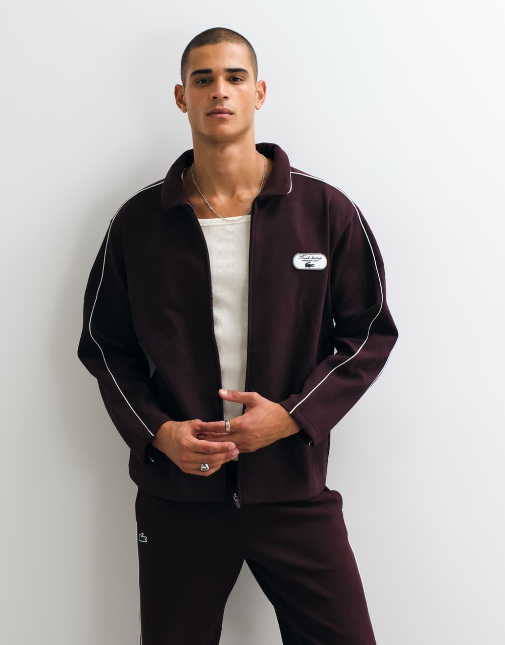 Piqué zip-up polo-collar sweatshirt in burgundy