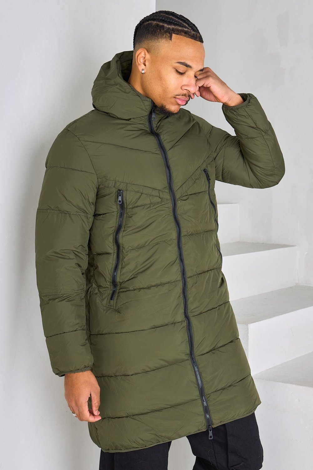 Khaki long quilted puffer jacket with hood